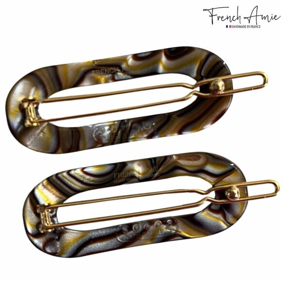 Mini Oval Celluloid Hair Clips Silver Onyx 2 Pcs Tige Boule French Style main image 3